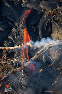 This photo, taken Feb. 16, shows intense heat rising from a little river of lava ignites a fallen tree above it. Photo credit: Extreme Exposure Media/Paradise Helicopters.