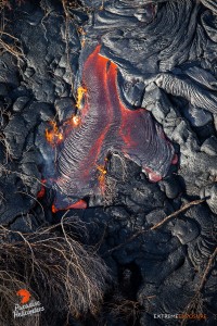 In this photo, taken Feb. 24 at 8 a.m., a leathery toe of lava ignites the dried branches of toppled trees on the flow field. Photo credit: Extreme Exposure Media/Paradise Helicopters.