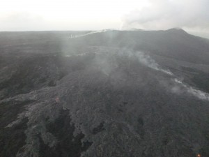 This photo, Feb. 27 at 7 a.m., shows the upslope breakout near the vent. Hawai'i County Civil Defense.