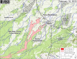 This large-scale map shows the distal part of Kīlauea’s active East Rift Zone lava flow in relation to nearby Puna communities. The area of the flow on February 5 is shown in pink, while widening and advancement of the flow as of February 10 is shown in red. The blue lines show steepest-descent paths calculated from a 1983 digital elevation model. USGS HVO map.