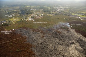 The leading tip of the June 27 flow has been stalled for several weeks, but scattered breakouts have persisted upslope. During an overflight on Feb. 19, one of these breakouts was active south of the stalled tip and about 650 meters (0.4 miles) northwest of the Pāhoa transfer station. USGS HVO photo.