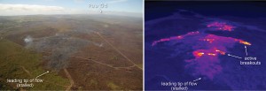 This comparison of a normal photograph and a thermal image taken on Feb. 19, shows the position of active breakouts relative to the inactive flow tip. The white box shows the rough extent of the thermal image on the right. In the thermal image, active breakouts are visible as white and yellow areas. USGS HVO photos.