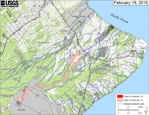 This small-scale map shows Kīlauea’s active East Rift Zone lava flow in relation to lower Puna. The area of the flow on February 10 is shown in pink, while widening and advancement of the flow as of February 19 is shown in red. The blue lines show steepest-descent paths calculated from a 1983 digital elevation model. USGS HVO photo.
