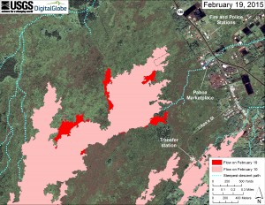 This large-scale map uses a satellite image acquired in March 2014 (provided by Digital Globe) as a base to show the area around the front of Kīlauea’s active East Rift Zone lava flow. The area of the flow on February 10 is shown in pink, while widening and advancement of the flow as of February 19 is shown in red. The blue lines show steepest-descent paths calculated from a 1983 digital elevation model. USGS HVO map.