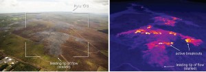 This comparison of a normal photograph and a thermal image shows the leading portion of the June 27 flow. The white box shows the rough extent of the thermal image. In the thermal image, the active breakouts are visible as yellow and white pixels, and these areas are scattered upslope of the stalled tip of the flow. USGS HVO photo.