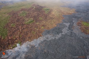 Seen in this photo taken on Feb. 9,  a new breakout (lighter toned lava), more than 200 yards in length, has begun expanding the flow field along the southern perimeter. Photo credit: Extreme Media Exposure/Paradise Helicopters.