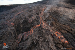 This photo, taken Feb. 23 at 6 p.m., shows a large flow (lighter colored area), approximately 1/4 mile long, that had erupted from a point between Pu‘u ‘O‘o and the perched pond, covering a large portion of the north flank. And, while most of the flow had crusted over, several large rivers of lava were still visible, and many little hotspots existed. Photo credit: Extreme Exposure Media/Paradise Helicopters.