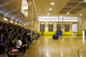 Students at Kohala High School gathered for an anti-meth assembly, which featured an educational presentation by the Hawai'i Meth Project and a first-hand account of the dangers of methamphetamine use by a recovering addict. Photo credit: Keep It Flowing LLC.