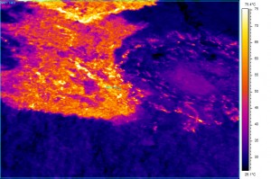 This infrared view of the area in the image taken on March 17, shows that the area is still quite hot and the tube location is possibly obscured although the few hotter strands may be indicators of the tube's location. USGS HVO photo.