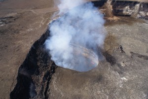 This photo was taken March 6. Summit deflation over the past few days has been associated with a steadily dropping lava lake level. Friday morning, the lake was 72 m (240 ft) below the rim of the Overlook crater. USGS HVO photo.
