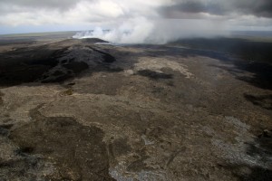 A closer look at the lava flow field near Puʻu ʻŌʻō. Puʻu ʻŌʻō is in the upper left portion of the photograph taken April 3. USGS/HVO photo.
