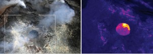 A closer look at the new pit in the western portion of Puʻu ʻŌʻō Crater on April 3. Views inside the crater with the naked eye were obscured by thick fume, but the thermal images (right) revealed two areas of ponded lava, separated by a pile of collapse rubble, deep within the pit. Measurements using the thermal camera images indicated that the lava pond surface was roughly 24 m (about 80 ft) below the rim of the pit. USGS/HVO photo.