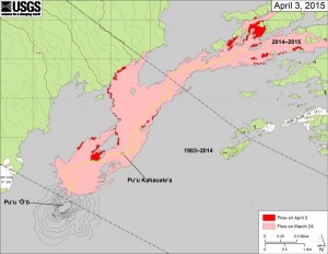 This map shows recent changes to Kīlauea’s active East Rift Zone lava flow field. The area of the flow on March 24 is shown in pink, while widening and advancement of the flow as of April 3 is shown in red. USGS/HVO map.
