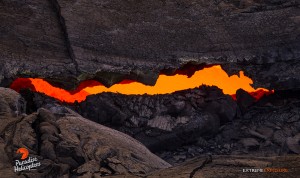 A long, thin skylight gives a peek at the raging river of lava feeding the flow, taken April 24. Photo credit: Extreme Exposure Media/Paradise Helicopters. 