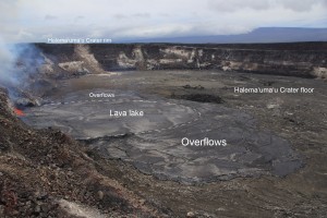 This is a labeled photo of the overflowing lava lake taken from the rim of Halemaʻumaʻu.  The dashed white line indicates the lava lake rim. USGS/HVO photo.