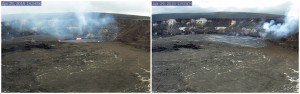 Kīlauea Volcano’s summit lava lake, which was about 12 m (40 ft) below the vent rim on April 25 (left), overflowed the vent rim for the first time at about 9:40 p.m., HST, on April 28. As of noon on April 29 (right), the lava lake had overflowed the vent rim several more times. These Webcam images capture the summit vent before and after the overflows. USGS/HVO photos.