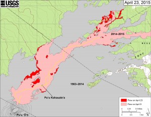 his map shows recent changes to Kīlauea’s active East Rift Zone lava flow field. The area of the flow on April 9 is shown in pink, while widening and advancement of the flow as of April 23 is shown in red. Puʻu ʻŌʻō lava flows erupted prior to June 27, 2014, are shown in gray. USGS/HVO map.