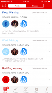 Screen shot of alerts on American Red Cross’ new “Emergency App.” Red Cross image.