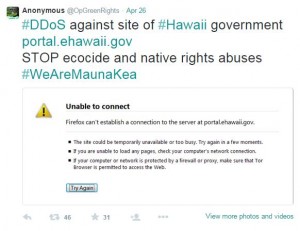 A screenshot from Anonymous' twitter feed indicates a cyber-attack on the State of Hawaii website. 
