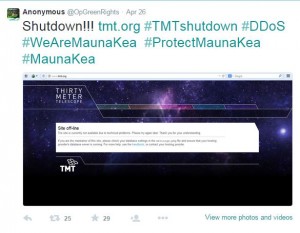 A screenshot from Anonymous' twitter feed indicates a cyber-attack on the TMT website. 