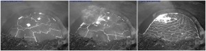 This sequence of HVO webcam images of Kīlauea Volcano's summit vent, recorded between 1:28 and 1:32 p.m., HST, on May 12, 2015, captures the moment a section of the dark-colored "bathtub ring" (a veneer of fresh lava that coats the vent wall as the lava lake level drops) fell into the lava lake (center). USGS/HVO photos.