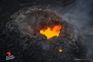 This photo, taken on May 6, shows a spatter cone on the floor of Pu‘u ‘O‘o crater. Photo credit: Extreme Exposure Media/Paradise Helicopters.