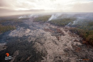This photo, taken May 6, shows a view of the distal tip of the June 27 lava flow from the reverse angle. Photo credit: Extreme Exposure Media/Paradise Helicopters. 