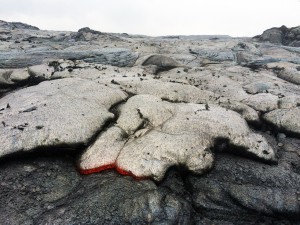 June 30: A closer view of the one of the pāhoehoe breakouts near Puʻu Kahaualeʻa. The dark flakes on the surface are bits of crust from the underlying flow that get stuck to the front of the newer flow, and end up on the top surface as the nose of the new flow inflates. USGS/HVO photo.