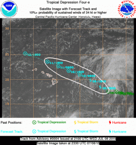 Satellite image and forecast track as of 10 a.m. Wednesday. Central Pacific Hurricane Center image.