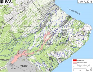 This small-scale map shows Kīlauea’s active East Rift Zone lava flow in relation to lower Puna. The area of the flow on June 30 is shown in pink, while widening and advancement of the flow as of July 7 is shown in red. The blue lines show steepest-descent paths calculated from a 1983 digital elevation model.. Puʻu ʻŌʻō lava flows erupted prior to June 27, 2014, are shown in gray. USGS/HVO map.