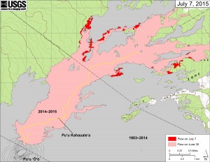 This map shows recent changes to Kīlauea’s active East Rift Zone lava flow field. The area of the flow on June 30 is shown in pink, while widening and advancement of the flow as of July 7 is shown in red. The yellow line is the active lava tube. Puʻu ʻŌʻō lava flows erupted prior to June 27, 2014, are shown in gray. USGS/HVO map.