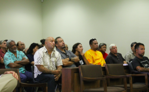 Samuel Kaleikoa Kaeo, Andre Perez and Chase Kahookahi Kanuha sit in front of Judge Barbara Takase Thursday morning in Waimea's Hamakua District Court. The three were arrested on June 24 for an obstruction charge after participating in a blockade on Mauna Kea that prevented Thirty Meter Telescope construction crews from driving up to the mountain's summit. 