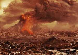 Is there volcanic activity on Venus?  This artistic rendering shows how an erupting Venusian volcano might look. Image courtesy of the European Space Agency. 