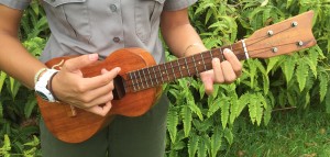 A park ranger strums a ‘ukulele. NPS Photo.