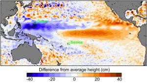 Extreme low sea levels (purple) in the western Pacific are associated with the strong El Niño. University of Hawai'i at Manoa image.