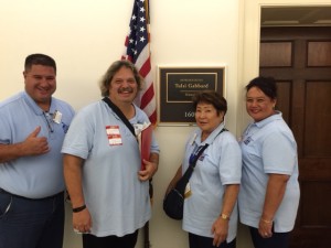 (Left to Right) Douglas DuPont, ACS CAN volunteer from Hilo; Mark Vasconcellos, breast cancer survivor from Honolulu; Gay Okada, ACS CAN volunteer from Kailua-Kona; and Holly Ho-Chee-Dupont, Hawaii State Lead Ambassador for ACS CAN from Hilo visit Congresswoman Tulsi Gabbard’s office on Capitol Hill. ACS CAN photo.