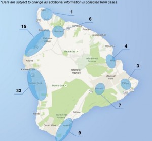 This Hawai'i Department of Health image shows where individuals who contracted dengue fever visited, as of Nov. 12. DOH image.