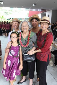 Gail Makuakane-Lundin with her daughters Annie, Teresa and Lydia andgreat-granddaughter Moanilehua Shimose, who attends Ka `Umeke o Ke Ka`eo (a Hawaiian language immersion charter school in Hilo), at the Hale `Olelo Blessing in January 2014. University of Hawai'i Foundation courtesy photo.