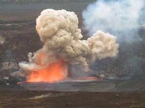 Hawaiian Volcano Observatory webcams captured this small explosion triggered by rocks falling from the Halema‘uma‘u Crater wall into the lava lake on May 3, 2015, when the lake surface was just below the vent rim. USGS image.