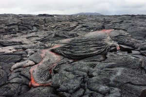 Lava, like this typical pāhoehoe flow on Nov. 12, 2015, continues to breakout northeast of Pu‘u ‘Ō‘ō (in background) on Kīlauea Volcano. Current activity is within about 6 km (4 mi) of the vent and poses no immediate threat to Puna communities. USGS photo.