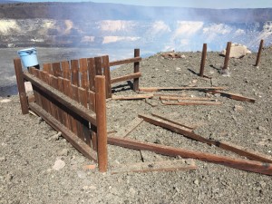 The January 8, 2016, rockfall and subsequent explosive event littered the rim of Halemaʻumaʻu Crater with fragments of molten lava. In this image, you can see what remains of the Halemaʻumaʻu Overlook wooden fence, which has been repeatedly been bombarded by spatter and rock fragments since 2008. HVO photo.