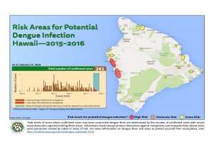 The Hawai'i Department of Health updated its map of potential areas of dengue fever infection, based on confirmed case information as of Wednesday, Jan. 27. DOH image.