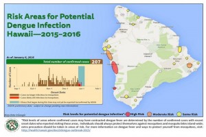 The Hawai'i Department of Health updated its map, as of Wednesday, Jan. 6, of potential areas of dengue fever infection based on confirmed case information. DOH image.