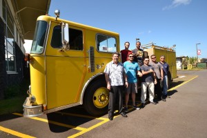 Hawai'i Community College Fire Science students and instructors from the Fire Science and Diesel Mechanics programs stand with the fire engine donated recently by the Honolulu Fire Department. Back row: Matthew Winters, left, and Jacob Smith. Front row, left to right: Fire Science Instructor Jack Minassian, Kawai Ronia, Jayce Ah Heong, Michael Rangasan, and Diesel Mechanics Instructor Mitchell Soares. Hawai'i CC courtesy photo.