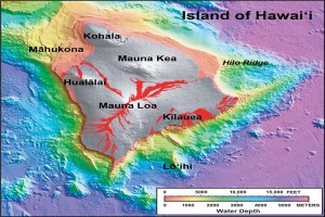 : In this shaded relief and bathymetric map of the Island of Hawai‘i, colors indicate water depth, from shallow (orange and yellow) to deep (blue and purple), and shades of gray indicate the land area above sea level. From: U.S. Geological Survey Geologic Investigations Series Map I-2809, “Hawaiʻi’s Volcanoes Revealed.”