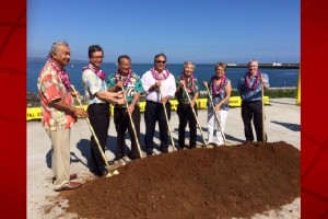 State executives and dignitaries gather to celebrate the groundbreaking of the Pier 4 Inter-Island Cargo Terminal, the final phase of the Pier 4 project at Hilo Harbor. From left to right: Senator Gilbert Kahele; Roy Catalani, Vice President, Young Brothers, Limited; Darrell Young, HDOT Deputy Director Harbors Division; Wil Okabe, Governor David Ige's Representative; Representative Clift Tsuji; Senator Lorraine Inouye; Rick Heltzel, Hawaii Harbors Constructors JV. DOT courtesy photo. 