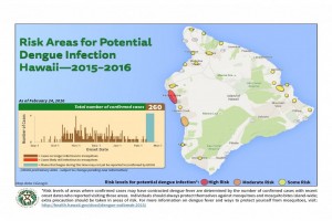 The Hawai'i Department of Health updated its map of potential areas of dengue fever infection, based on confirmed case information as of Wednesday, Feb. 24 DOH image.