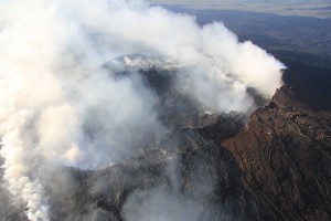 Multiple degassing sources in the crater and on the flanks of Pu‘u ‘Ō‘ō create a plume that fills the sky above Kīlauea Volcano’s East Rift Zone eruption site on December 30, 2015. USGS photo.