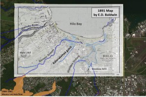 An 1891 map of Hilo, produced by Surveyor E.D. Baldwin, is superimposed on a recent Google Earth image of the town to show the location of the Kalanakamaa gulch relative to the ‘Alenaio and Waiākea streams. The 1880-1881 Mauna Loa lava flow, shown in orange (lower left), reportedly diverted water from the Kalanakamaa gulch, which has since been filled in by construction and no longer exists.