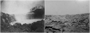 Before and after photos by Menzies Dickson of a Mauna Loa lava flow cascading into and ultimately filling a stream bed near Hilo in July 1881. Photos courtesy of National Park Service, Hawai'i Volcanoes National Park.
